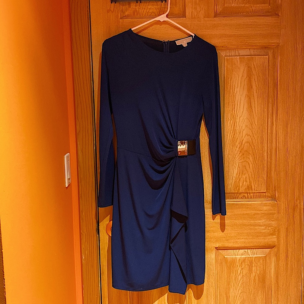 Blue long sleeved dress with built in belt buckle by Michael Kors